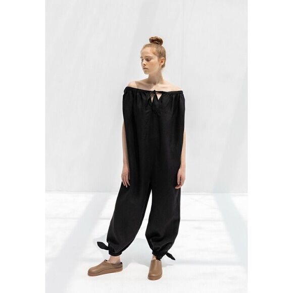 Mara Hoffman Fifi Black Linen Jumpsuit Oversized BowSwim Coverup Resort new XS